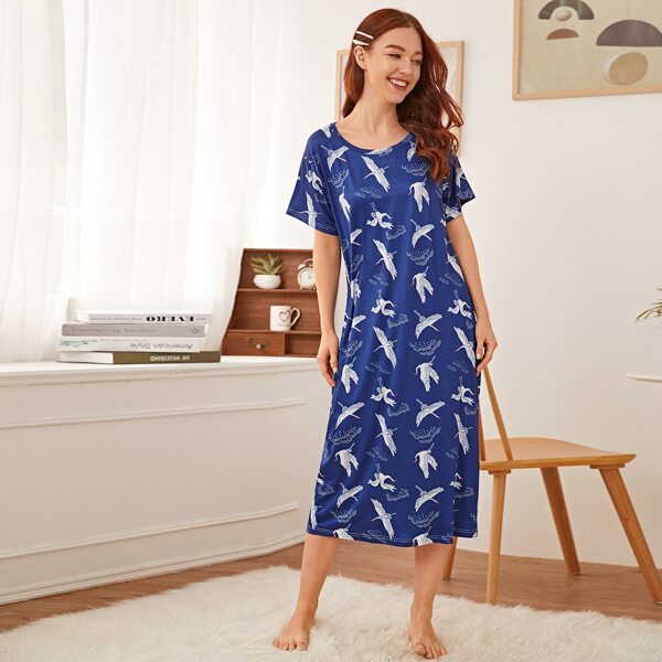 

Crane Print Night Dress, Navy