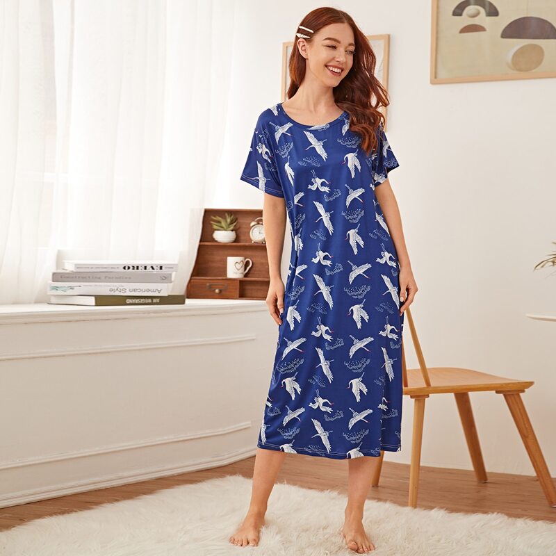 

Crane Print Night Dress, Navy