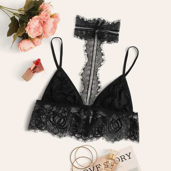 

Eyelash Floral Lace Bralette With Choker, Black