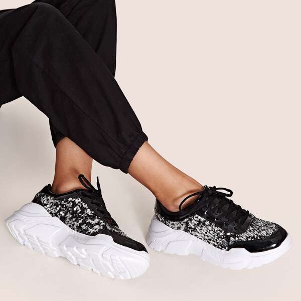 

Lace-up Front Sequins Decor Chunky Sneakers