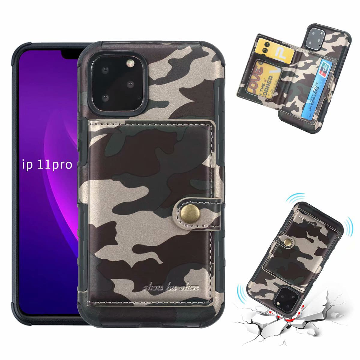 

Camouflage Print Multi-card Slot Protective iPhone Case, Multicolor