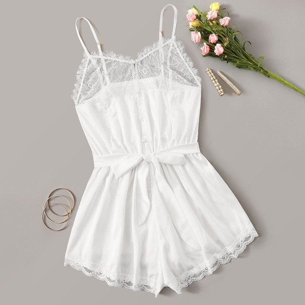

Contrast Lace Satin Romper With Belt, White