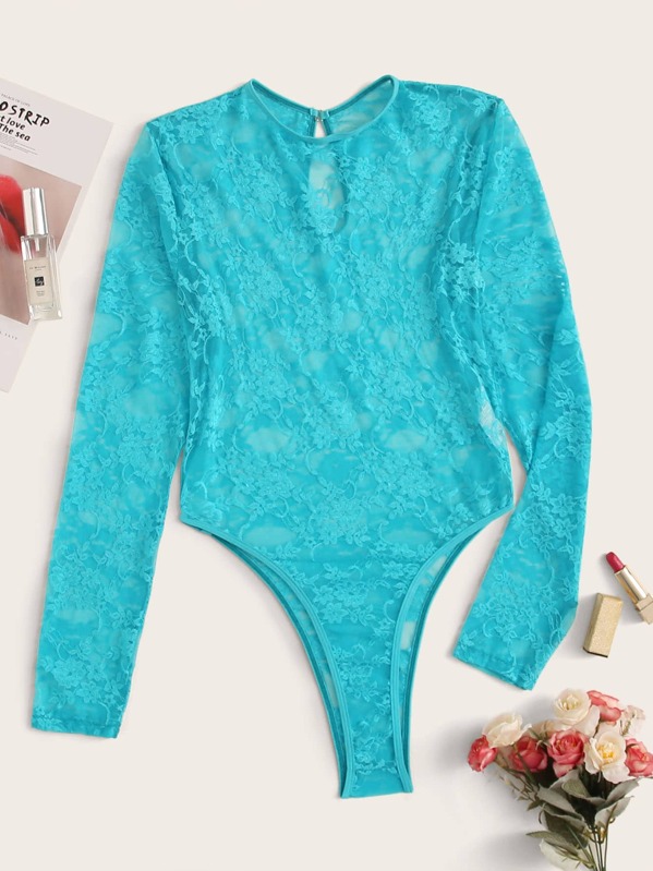 

Floral Lace Sheer Long Sleeve Teddy Bodysuit, Blue, Giulia