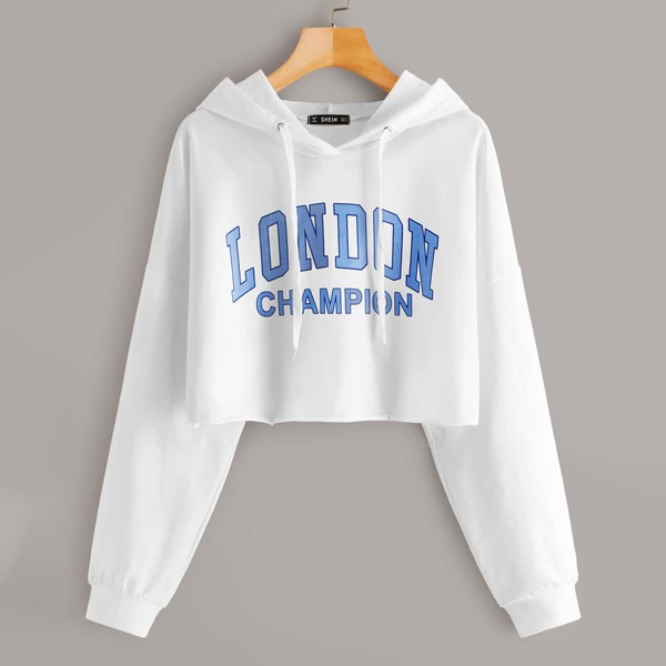 

Slogan Graphic Drop Shoulder Crop Drawstring Hoodie, White