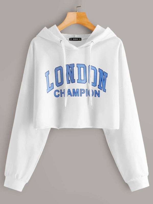

Slogan Graphic Drop Shoulder Crop Drawstring Hoodie, White, Rasa