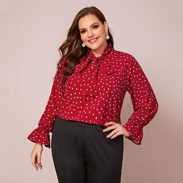 

Plus Polka Dot Tie Neck Blouse, Red