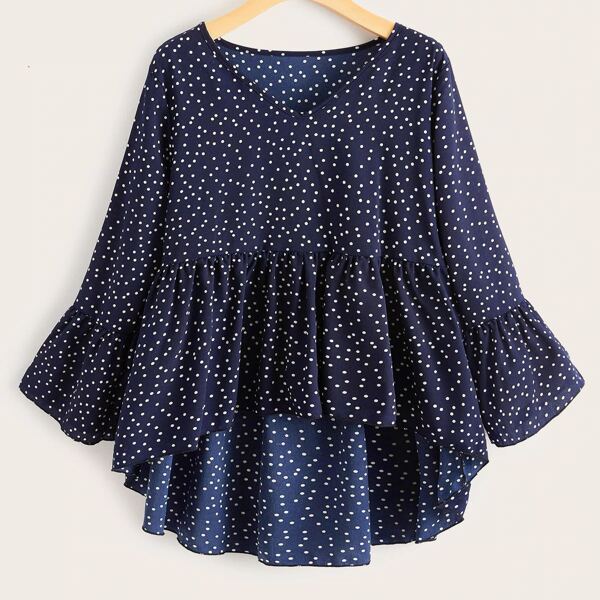

Plus Polka Dot Dip Hem Peplum Blouse, Navy