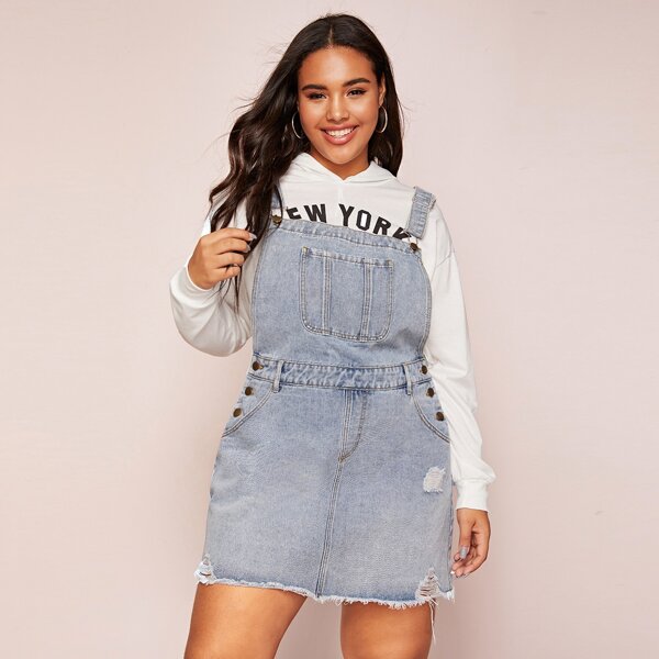 

Plus Ripped Raw Hem Denim Pinafore Dress, Blue pastel