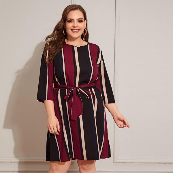 

Plus Block Striped Self Tie Dress, Multicolor