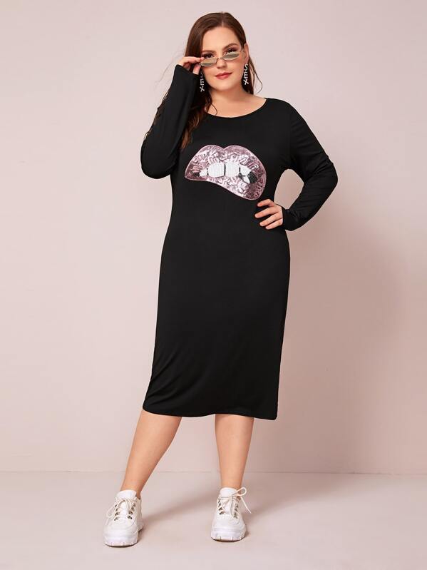 

Plus Lip Pattern Contrast Sequin Tee Dress, Black, Ella