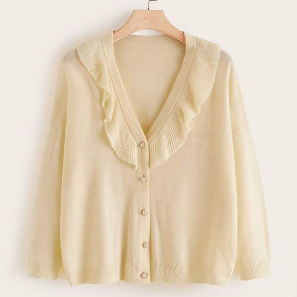 

Plus Ruffle Trim Pearls Buttoned Cardigan, Beige