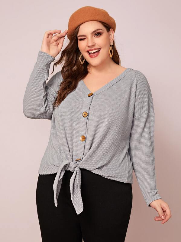 

Plus Tie Front Button Detail Sweater, Grey, Ella