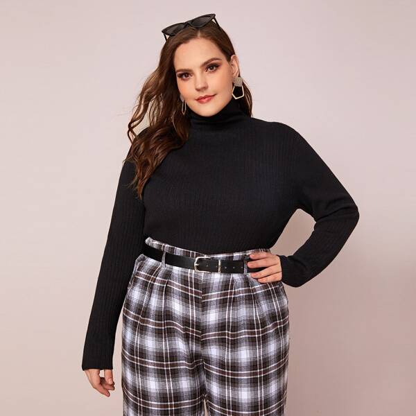 

Plus Ribbed Knit High Neck Jumper, Black