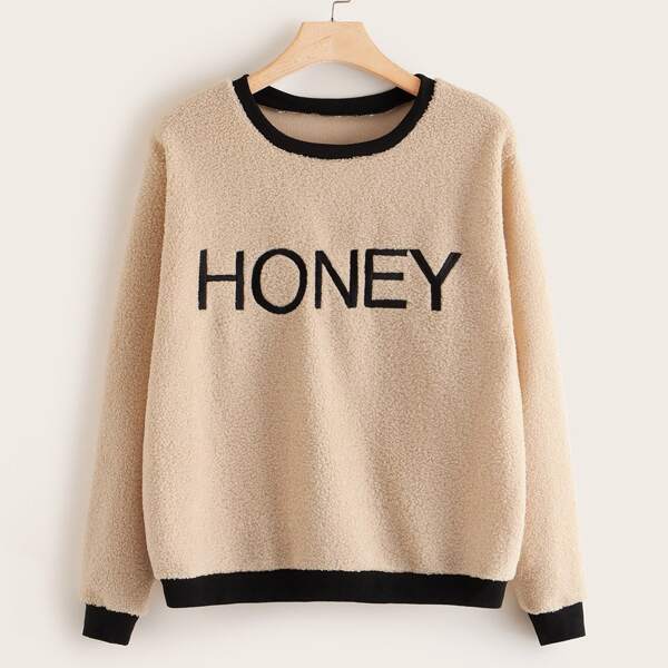 

Plus Letter Embroidery Piping Trim Teddy Sweatshirt, Beige