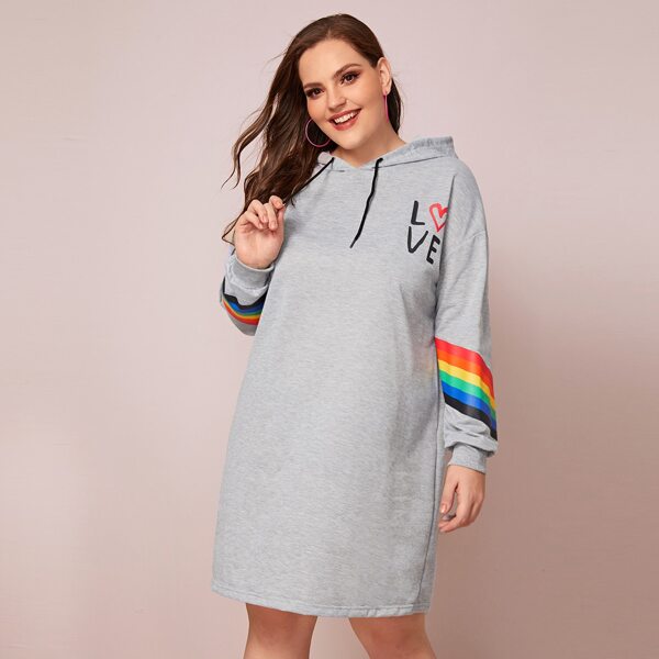 

Plus Letter Graphic Rainbow Striped Hooded Sweatshirt Dress, Grey