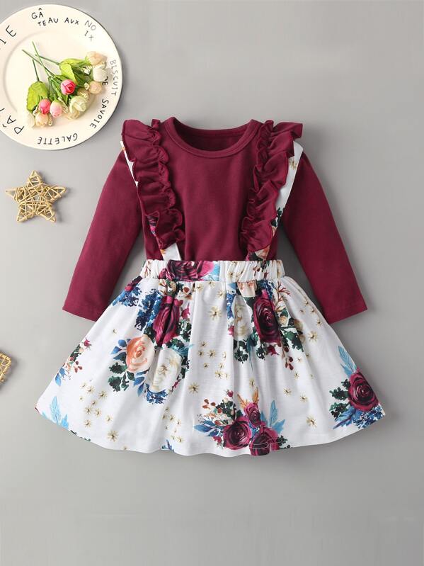 

Baby Girl Ruffle Trim Romper With Allover Floral Pinafore Skirt, Multicolor