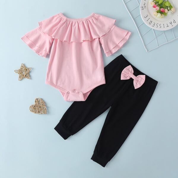 

Baby Girl Ruffle Trim Romper With Sweatpants, Multicolor