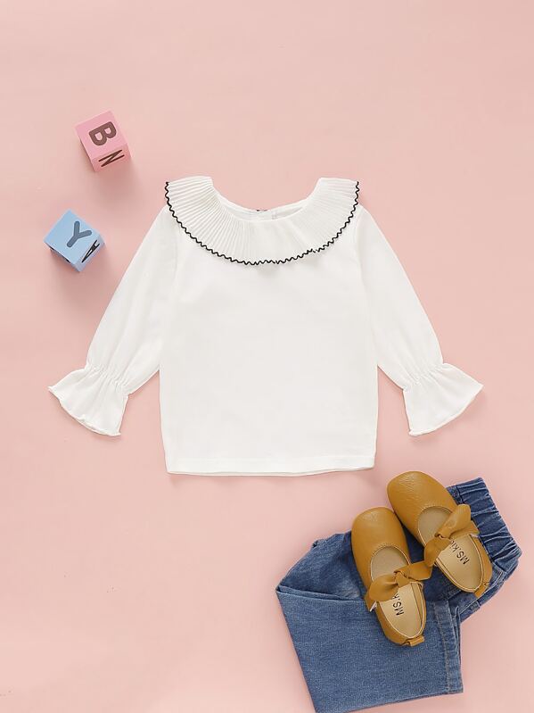 

Baby Girl Pleated Collar Flounce Sleeve Blouse, White