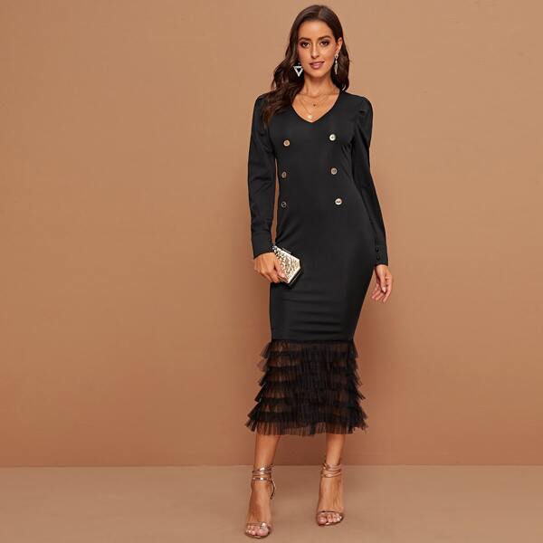 

Двубортное платье с многослойным сетчатым низом, Чёрный