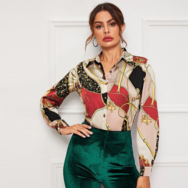 

Chain Print Button Up Blouse, Multicolor