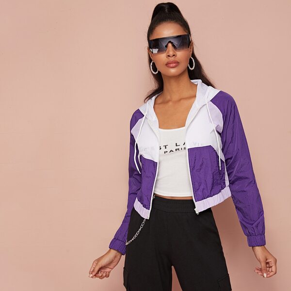 

Contrast Panel Drawstring Crop Hooded Jacket, Purple