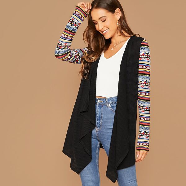 

Tribal Print Sleeve Ribbed Waterfall Jersey Coat, Black