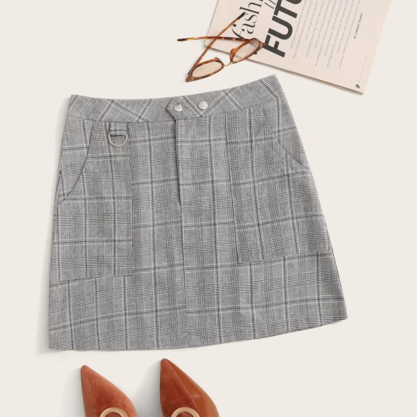 

Glen Plaid Button Fly Mini Skirt, Grey