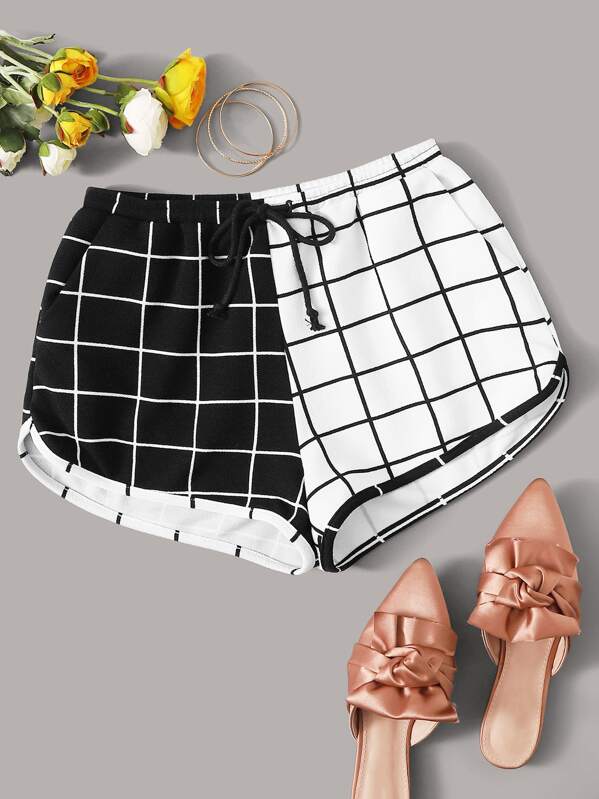 

Drawstring Waist Two Tone Grid Shorts, Black and white
