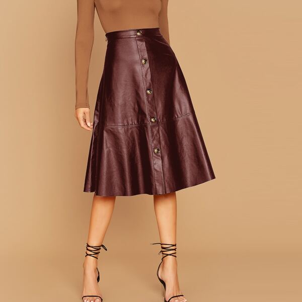 

Single Breasted Leather Look Flared Skirt, Burgundy