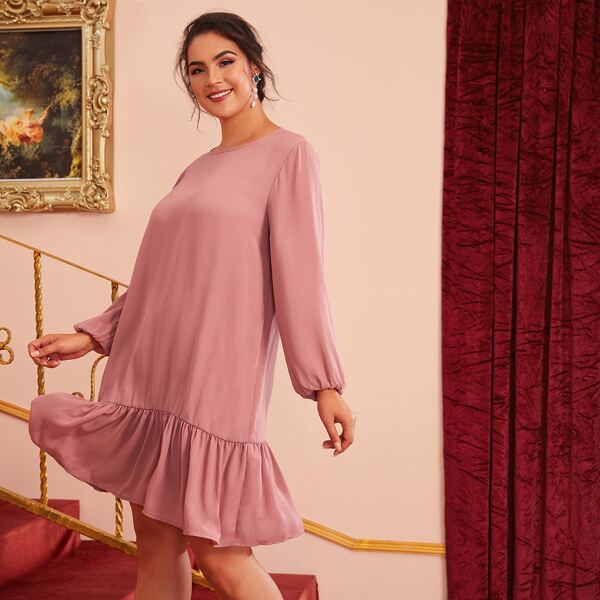 

Plus Ruffle Hem Lantern Sleeve Smock Dress, Pink pastel