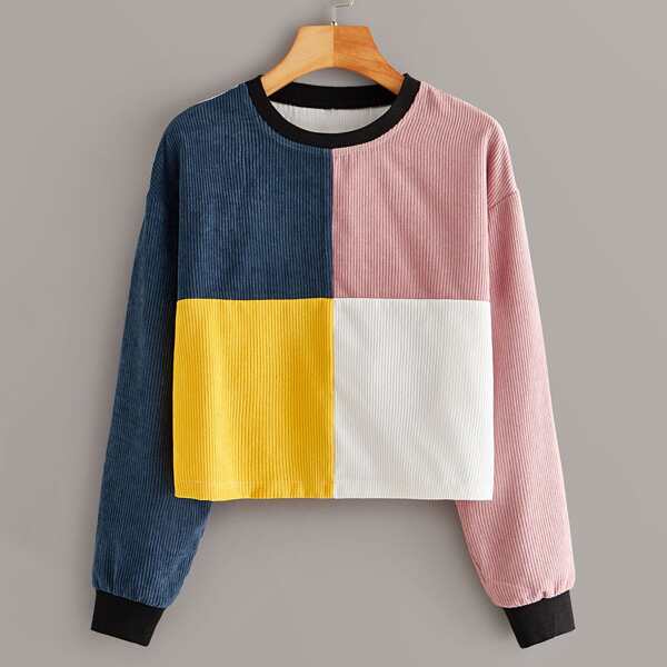 

Corduroy Color-block Drop Shoulder Sweatshirt, Multicolor