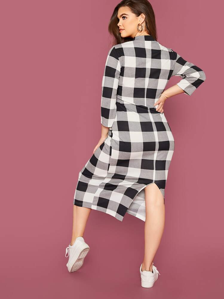 Plus Mock-Neck Split Hem Buffalo Plaid Dress