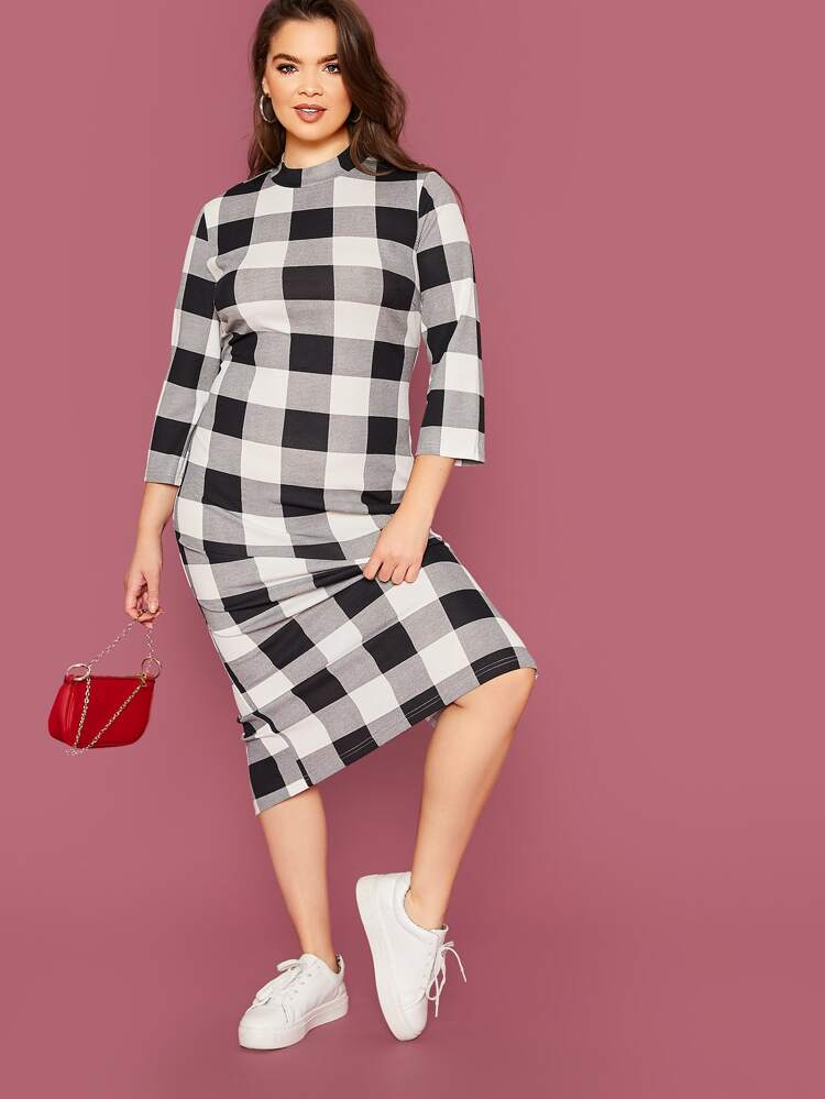 Plus Mock-Neck Split Hem Buffalo Plaid Dress