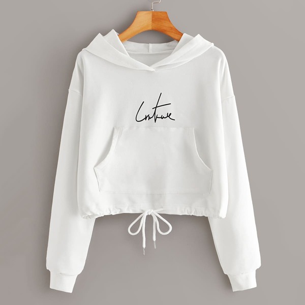 

Letter Graphic Drawstring Hem Crop Hoodie, White