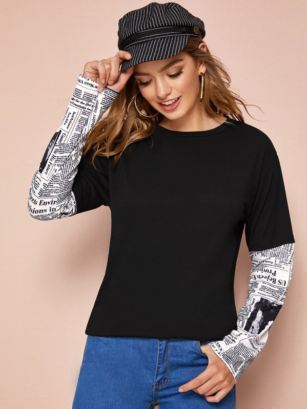 

Contrast Sleeve Newspaper Print Tee, Black, Luiza
