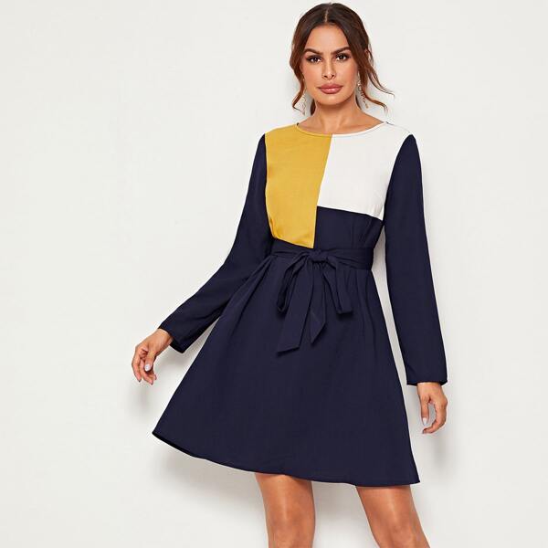 

Colorblock Belted Dress, Navy