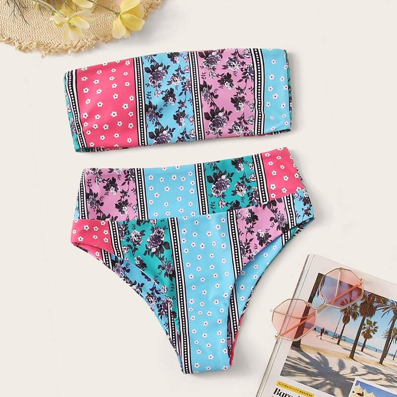 

Tribal Bandeau With High Waist Bikini Set, Multicolor