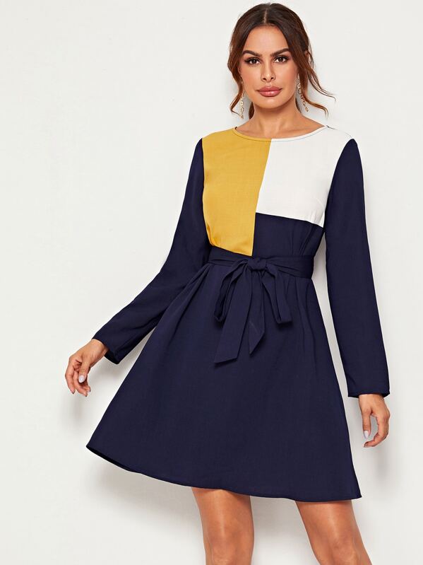 

Colorblock Belted Dress, Navy, Andy