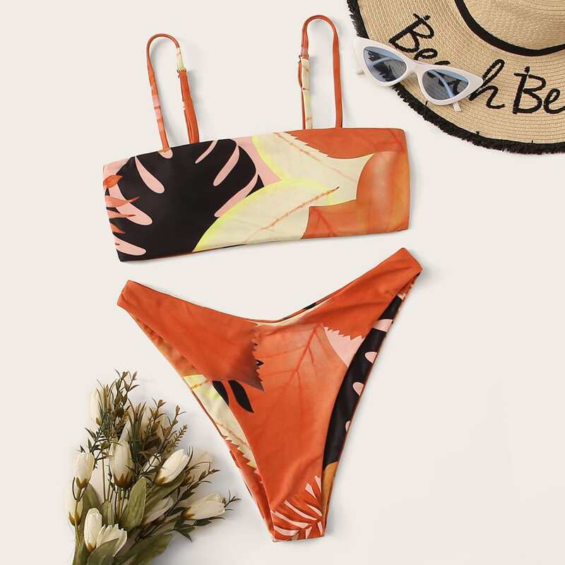 

Leaf Print Top With High Cut Bikini Set, Multicolor
