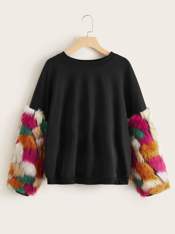 

Contrast Faux Fur Sleeve Pullover, Black