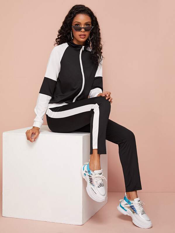 

Contrast Panel Zipper Fly Tracksuit Set, Black and white, Gigi