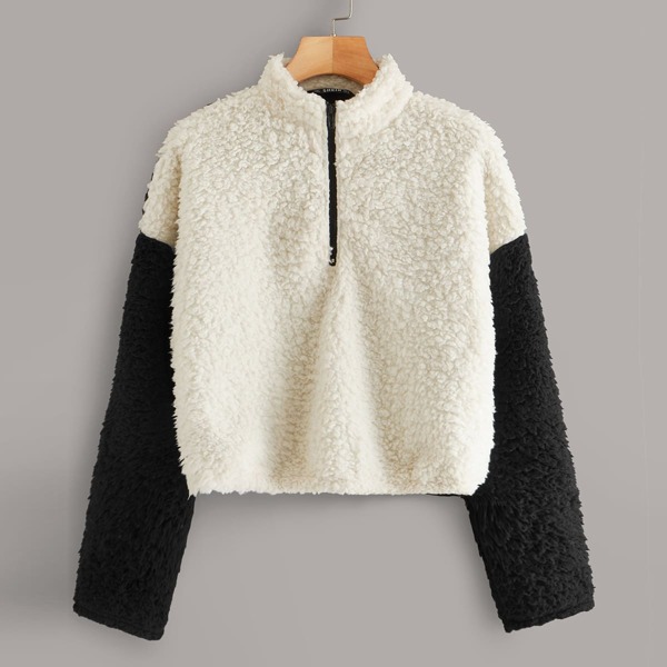 

Zip Half Placket Two Tone Teddy Sweatshirt, Black and white
