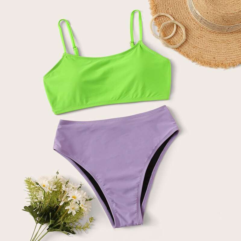 

Two Tone High Waist Bikini Set, Multicolor
