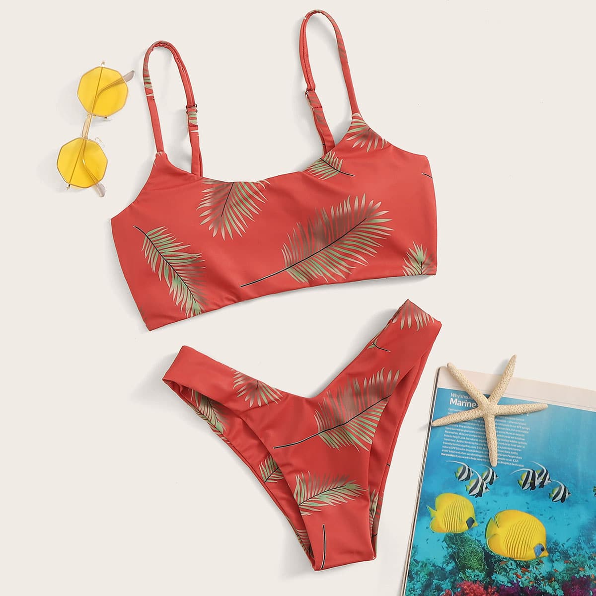 

Palm Print Top With High Cut Bikini Set, Red
