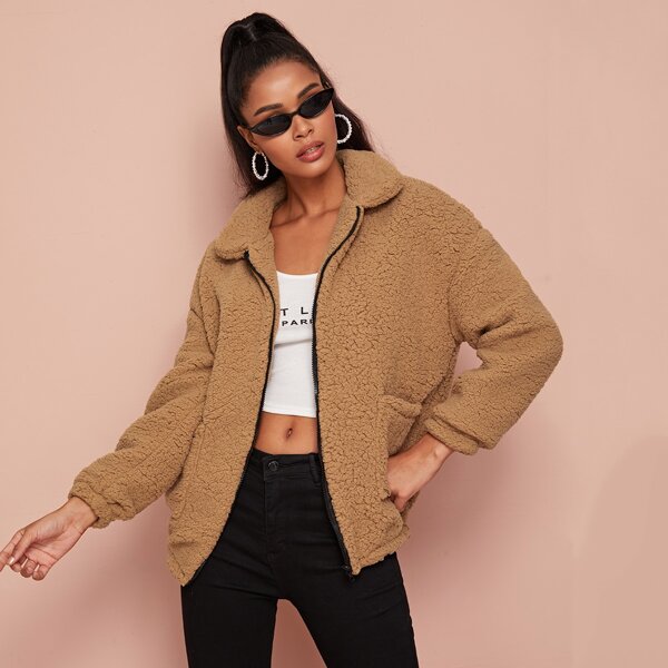 

Dual Pockets Zip Up Teddy Coat, Camel