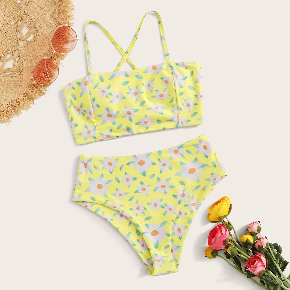 

Ditsy Floral Print Lace-up Back Bikini Set, Yellow