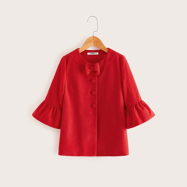 

Girls Bow Front Ruffle Cuff Coat, Red bright