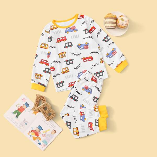 

Toddler Boys Cartoon Car Print PJ Set, White
