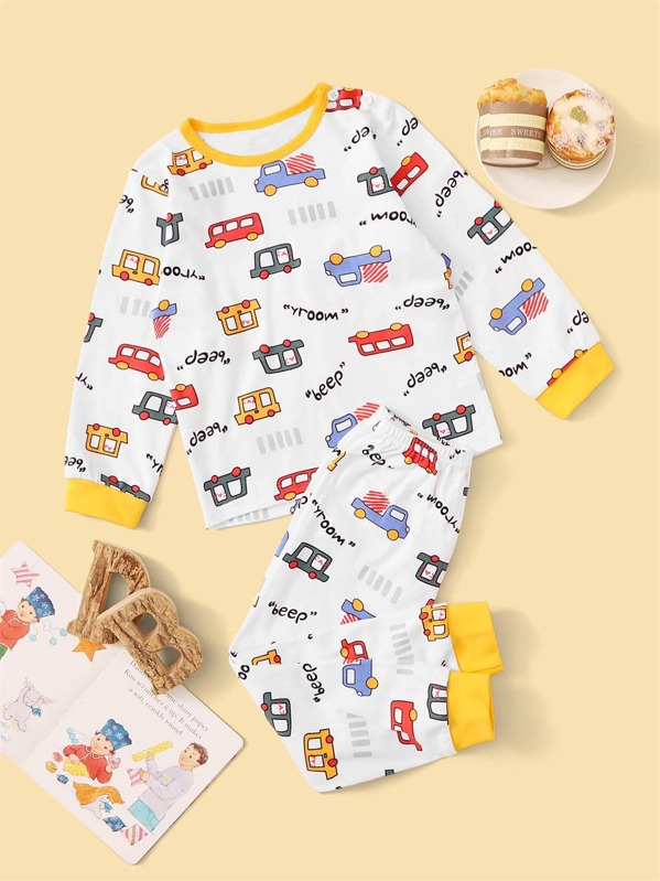 

Toddler Boys Cartoon Car Print PJ Set, White