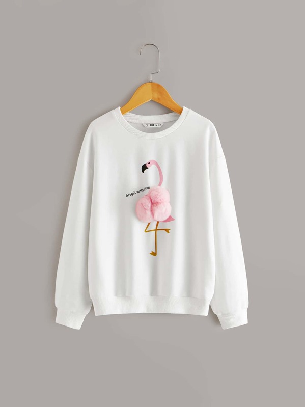 

Girls Pompom Detail Flamingo Print Pullover, White